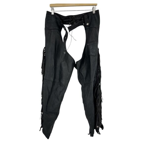 Allstate Leather chaps Black Fringe Size XL unisex lined buffalo - Picture 2 of 16